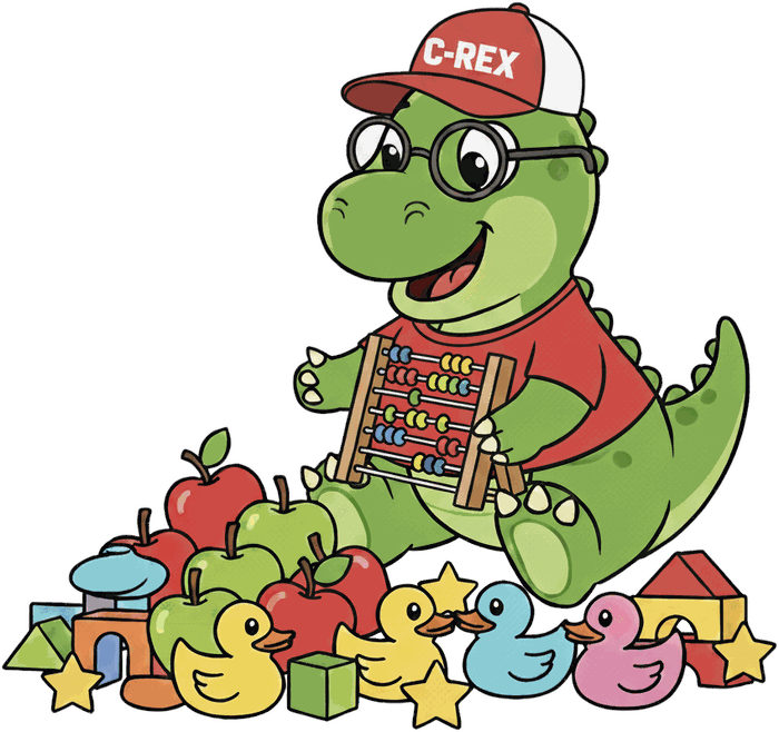 C-REX logo: a cartoon T-rex wearing a C-REX baseball cap and glasses, using an abacus to count a pile of apples, rubber ducks, stars and building blocks