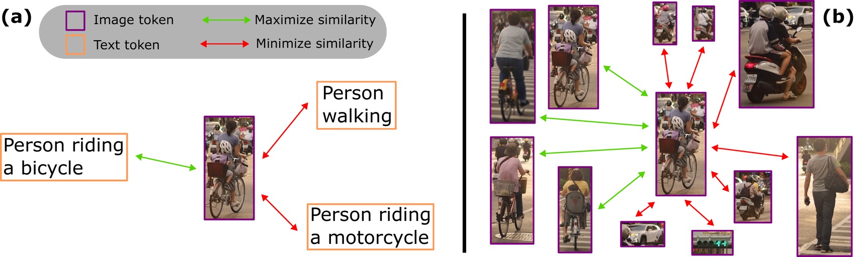 (a) One image token compared against three text tokens: green arrow to 'person riding a bicycle', red arrows to 'person walking' and 'person riding a motorcycle'. (b) The same image token compared against many other image tokens, with green arrows to other cyclists and red arrows to pedestrians, motorcyclists, cars and signs.
