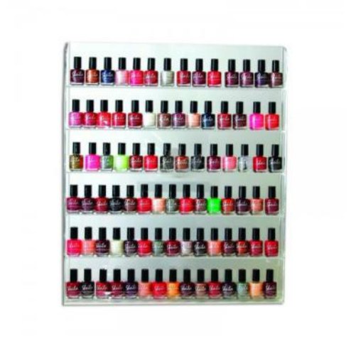 Display rack filled with rows of nail polish bottles