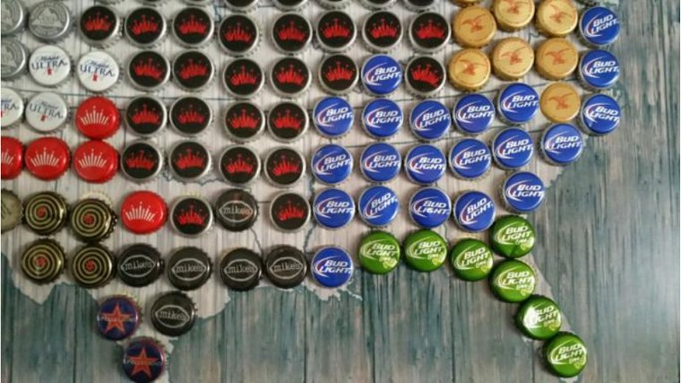 Map of the United States made from bottle caps of many colours
